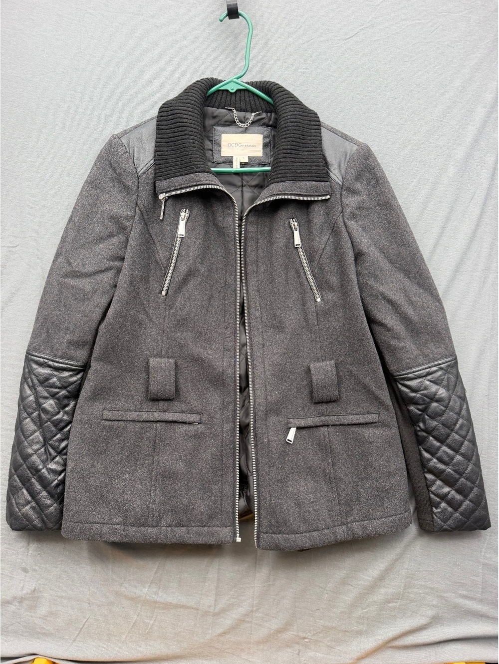 BCBGeneration Charcoal Wool Blend Jacket with Faux Leather Sleeves - Size Large